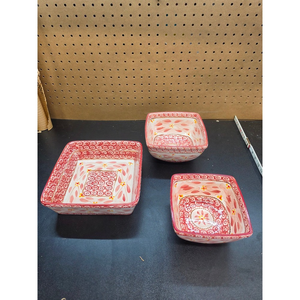 Temp-tations Old World Red Ceramic Square Nesting Bowls Set of 3 Ovenware